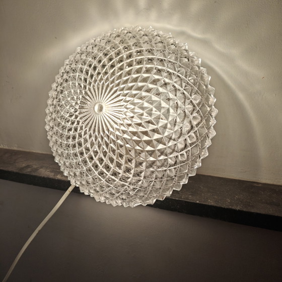 Image 1 of Vintage Diamond Cut Glass Ceiling Light | Mid Century Flush Mount | Space Age Style | 26 cm