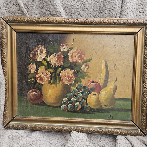 Still life with fruit and flowers on wood