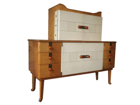 Image 1 of Art Deco Sideboard in Maple, Leather and Glass by Laszlo Hoenig, London 1940s
