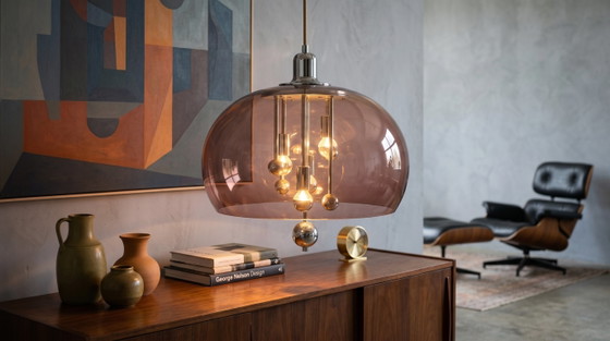 Image 1 of Italiaanse hanglamp in ruimtetijdstijl, model Sputnik, jaren 70, rookkleurig acryl en chroom, in hoogte verstelbaar.
