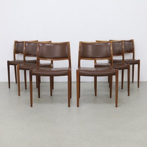 Image 1 of Set of 6 vintage model 80 leather dining chairs by Niels Møller for J.L. Møllers Møbelfabrik, 1960