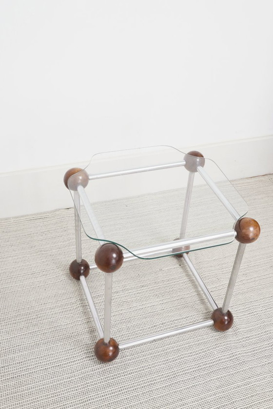Image 1 of  Atomic MCM Side Table Vintage 1970s Mid Century Modern Space Age Chrome Glass Wood Sphere Joints Molecular Coffee Table 
