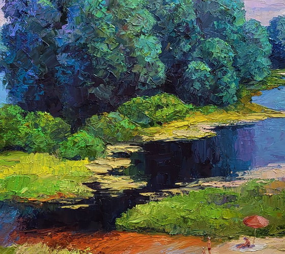 Image 1 of Pintura al óleo original: Paisaje natural, relax veraniego en la playa del río.
