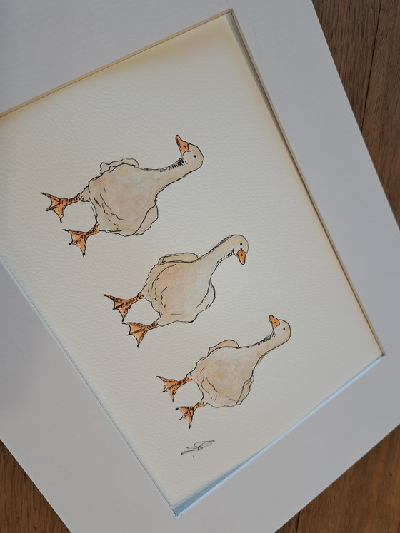 Image 1 of Watercolor painting Three Geese original | light brown wooden frame