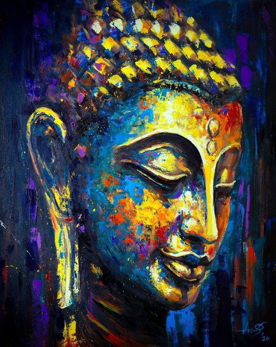 Image 1 of Unique hand-painted Buddha painting "Soul Echo" – Seksak Jaichumchen – 100 × 120 cm