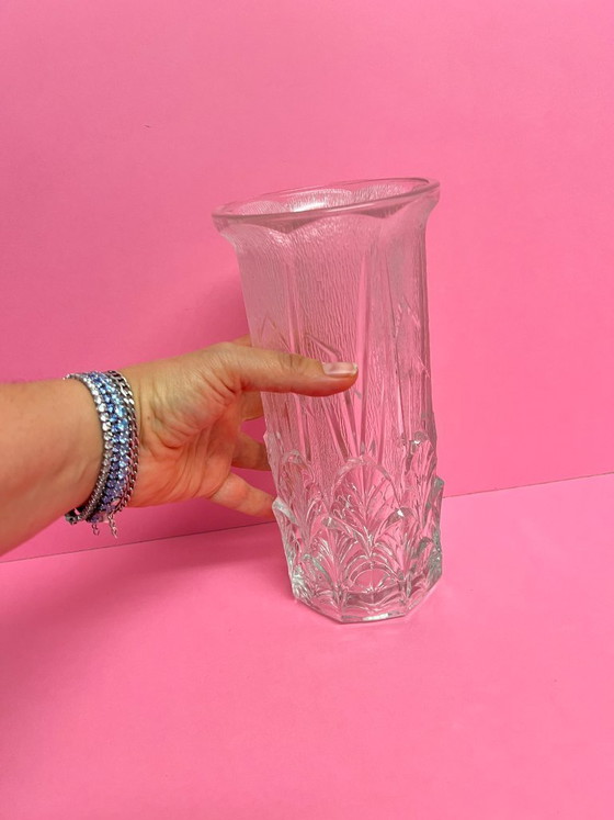 Image 1 of Italian vintage Videnza textured glass flower vase, 24cm, relief design, 70s retro leaves