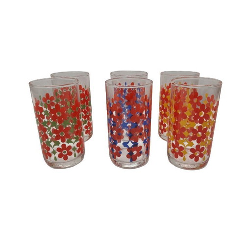 6 vasos de agua retro con flores