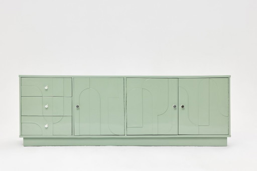 Vintage Sideboard, Wood, Relief, Pastel Green, High-Gloss Finish, 1970s – dressoirs (photo 2 of 15)