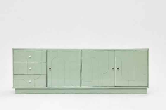 Vintage Sideboard, Wood, Relief, Pastel Green, High-Gloss Finish, 1970s (photo 2 of 15)