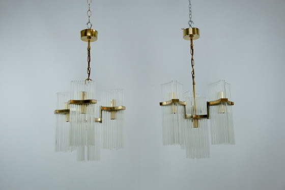 Image 1 of Coppia di lampadari in ottone e vetro di Gaetano Sciolari, Italia, anni '70