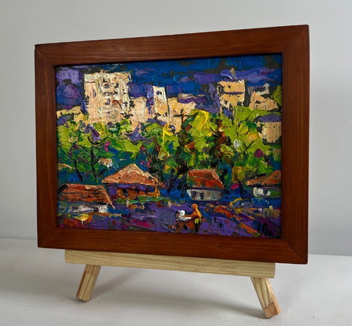 Original Oil Painting Summer Houses Landscape On the outskirts of the city
