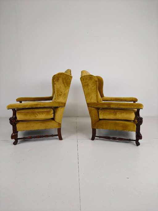 Pair of 19th-Century Carved Walnut Armchairs – Floral Motifs – Velvet Upholstery – fauteuils, Other (photo 2 of 8)