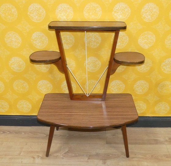 Image 1 of Banc de fleurs Sixties Tabouret de fleur 60's Étagère Résopal Aspect teck String Rétro Déco
