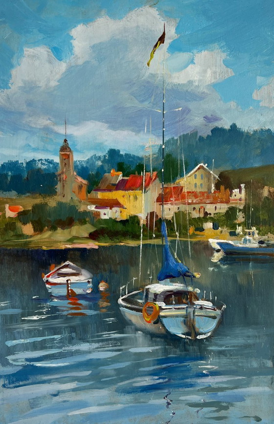 Image 1 of Origineel olieverfschilderij: Rivierboten, Landschap, Boten voor de kust van de stad