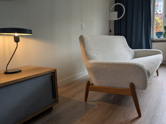 Image 1 of Ib Kofod Larsen for Bovenkamp Sofa in Oak wood and White Boucle Fabric