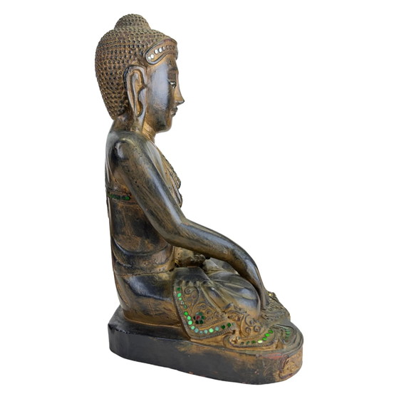 Antieke houten Mandalay Boeddha met glas inleg, Myanmar, ca. 1880 – Beeldhouwkunst, Wood (photo 3 of 10)