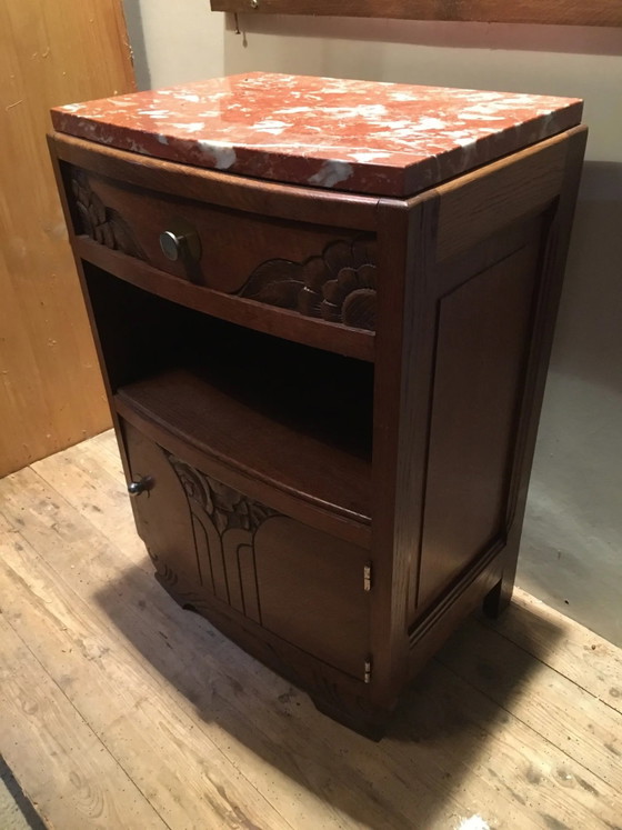 Solid oak bedside table with brown and white marble. – Nightstands, Art Deco (photo 3 of 8)