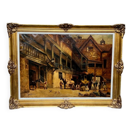 J. Verulpens "De herberg". Schilderij op groot formaat. – schilderijen tekeningen, Canvas