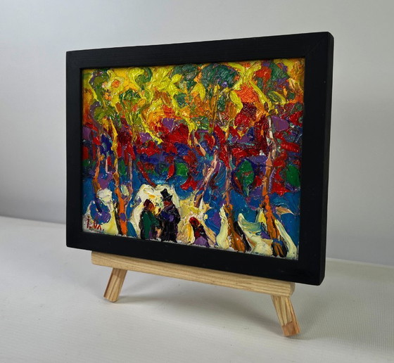 Image 1 of Original Oil Painting Colorful Forest Landscape Trees burn with the evening light