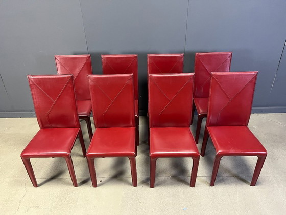 Image 1 of Esszimmerstühle aus rotem Leder von Roche Bobois France, 1980er Jahre – 8er-Set