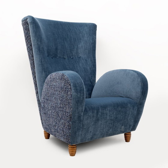 Image 1 of Pair of Italian Paolo Buffa High-Back Armchairs in Blue Velvet and Chenille, 50s