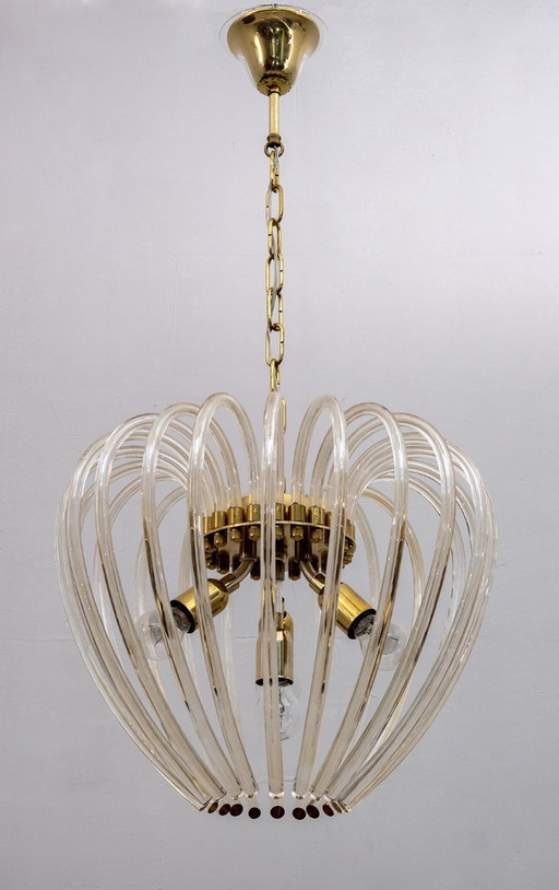 Venini Mid-Century Modern Italian Murano Glass and Brass Chandelier, 1950s