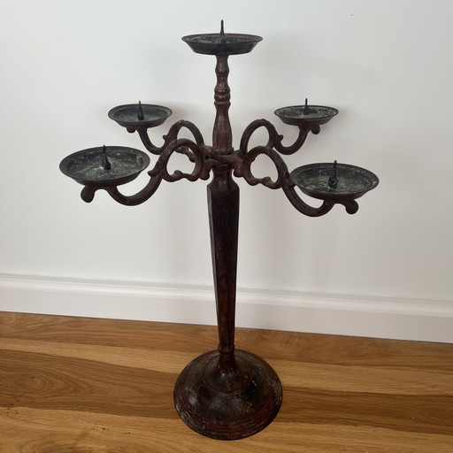 Antieke/Vintage 5-Armige Kandelaar – Metaal Met Verweerde Patina – kandelaars en kaarsen, Iron, Metal