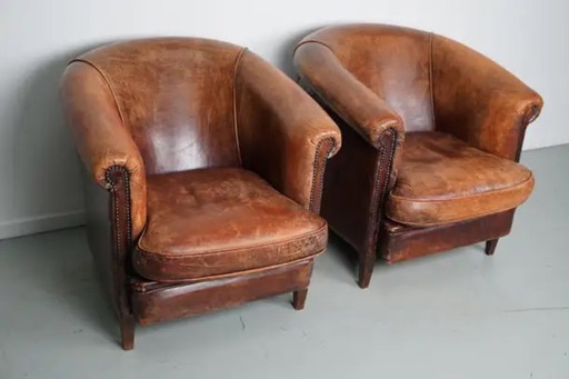 Vintage Nederlandse cognackleurige leren clubfauteuils, set van 2