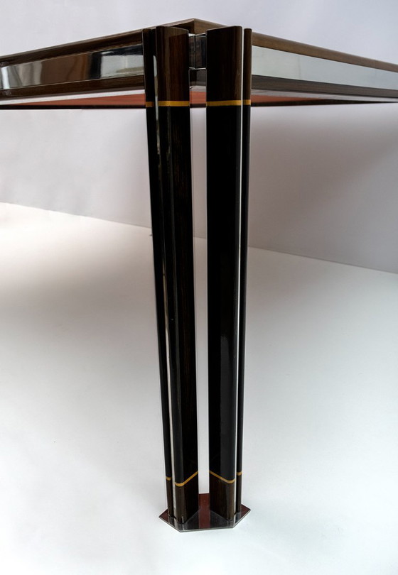 Image 1 of Table de salle à manger italienne en acier et bois incrusté de Paolo Barracchia par Roman Deco, 1978