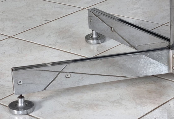 Image 1 of Modernist oval dining table, white top & chrome star base, vintage, 1960s