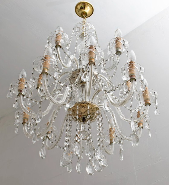 Image 1 of Lustre italien à 15 lumières en cristal Maria Theresa, moderne du milieu du siècle dernier, années 1950