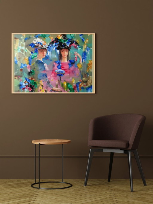 Original Oil Painting Abstract Expressionism Figurative Carnival – schilderijen tekeningen, Canvas (photo 2 of 10)