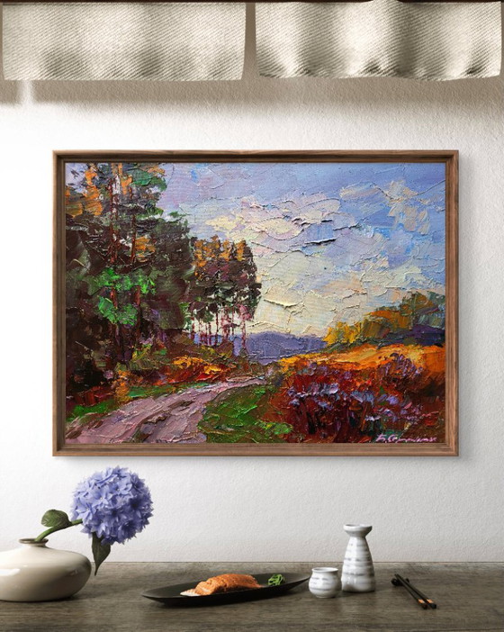 Original Oil Painting Autumn Nature Landscape The Road to the Forest – Paintings & Drawings, Canvas (photo 3 of 7)