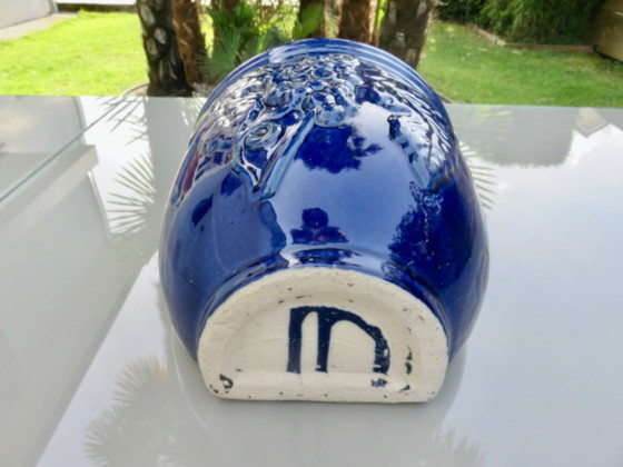 Image 1 of Wall-mounted flower pot with grape motif in glazed blue ceramic, 1970s