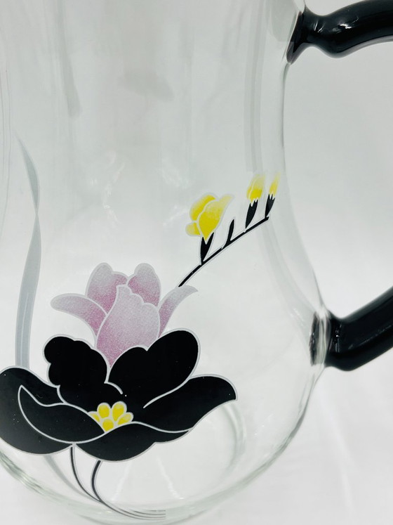 Image 1 of Servizio da caraffa in vetro vintage con decorazioni floreali.
