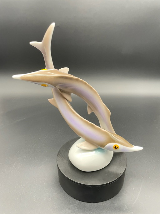 Hollóháza – Vintage Porcelain Sculpture Two Sturgeons, Hungary, Mid Century