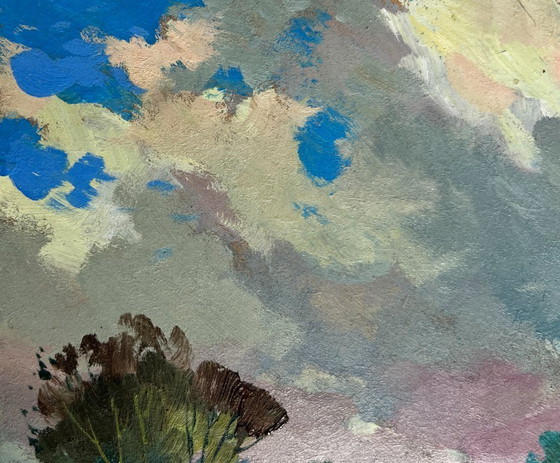 Image 1 of Original Oil Painting Summer Village Landscape The sky over the village was overcast