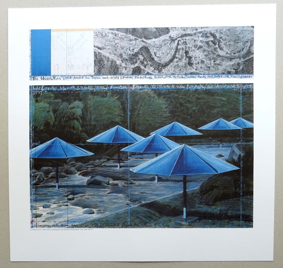 Image 1 of Christo -The Blue Umbrellas - Japan 1984 - Offset Lithografie - Droogstempel Domberger