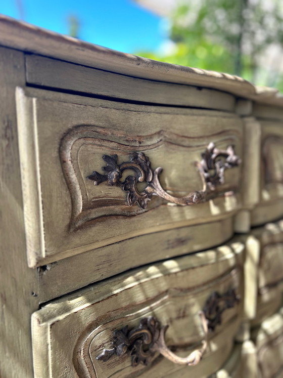 Image 1 of Antique curved chest of drawers with a pistachio green patina