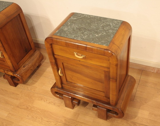 Image 1 of Pair of Art Deco Walnut Bedside Tables, 1950s Mid Century Modern, Italy