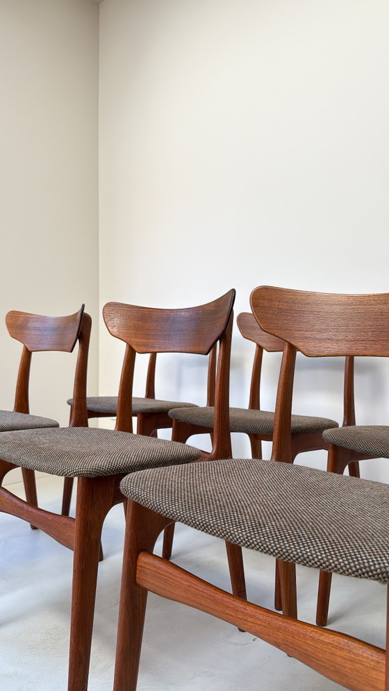 Sei sedie vintage in legno di teak danesi di Schiønning & Elgaard – Sedie da pranzo, Wood, Textile (photo 5 of 11)