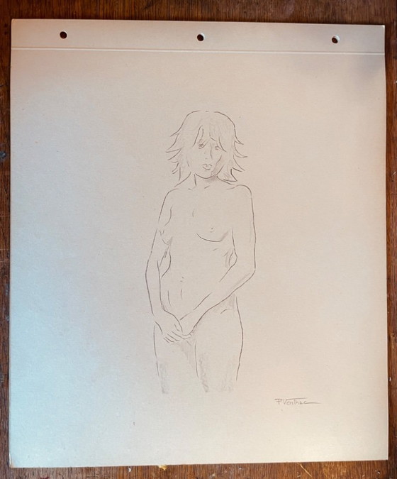 Image 1 of Signed drawing of a female nude, "sketch in notebook, hands down," on antique cardboard