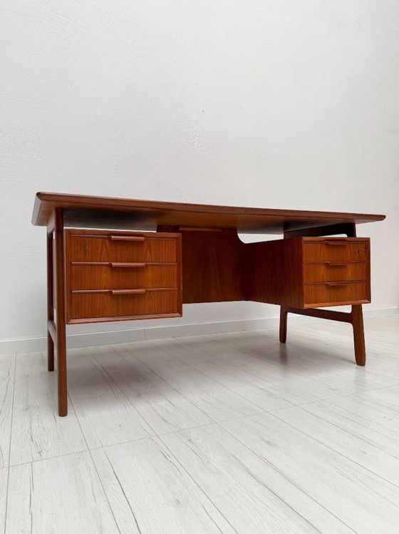 1960s Vintage Danish Design Teak Desk Model 75 by Gunni Omann for Omann Jun, Wood, Brown, Mid Century Modern (photo 3 of 17)