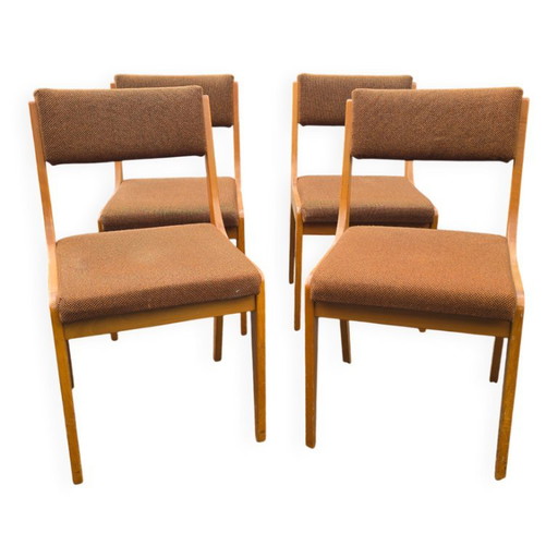 Suite de 4 Chaises Traîneau Vintage en Bois Blond et Tissu Brun – Années 60 – eetkamerstoelen, Textile, Wood