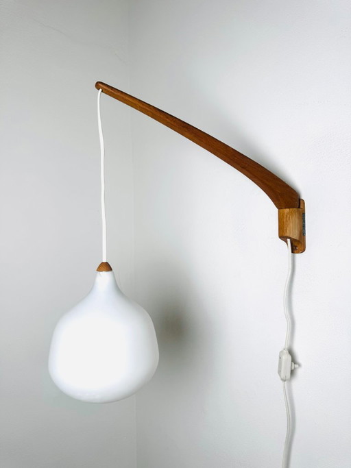 Model 705 Floating Wall Lamp in Opaline Glass and Teak by Uno & Östen Kristiansson for Luxus, Sweden, 1960s (photo 2 of 9)