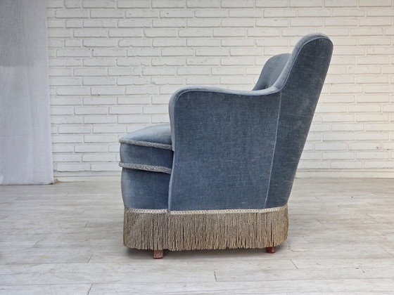 1970s, Danish 2-seater sofa, furniture velour, beech wood., 2 seaters, Velvet, Blue (photo 7 of 21)
