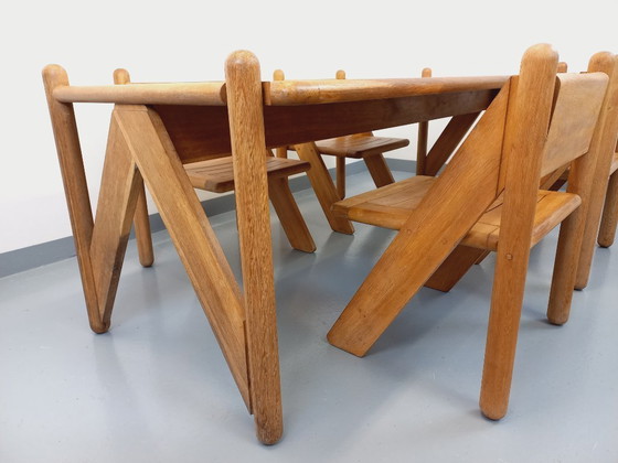 Image 1 of Exceptional suite of a large rectangular table and 4 vintage Brutalist chairs in solid oak from the 60s