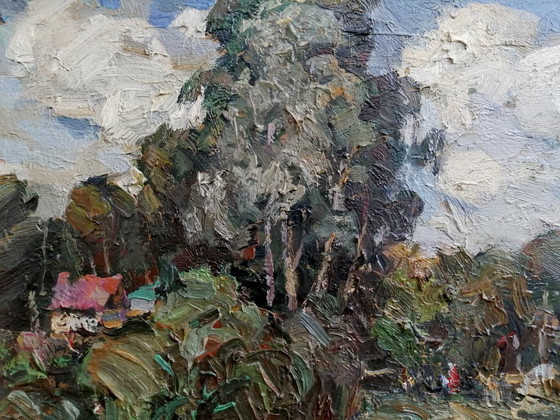 Origineel olieverfschilderij: Natuurlandschap, Dorp, Platteland Koude Dag – Schilderijen & Tekeningen, Canvas (photo 6 of 11)