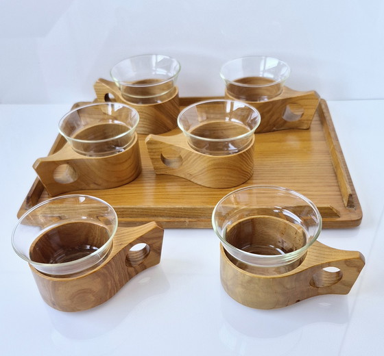 Image 1 of Vintage tea service, tea set, wooden cups + Jena glass Schott, 1960, with tray