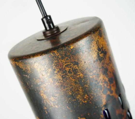 Image 1 of Lámpara colgante moderna de mediados de siglo en cobre flameado y vidrio azul, década de 1960